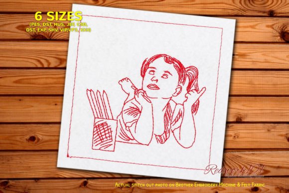 Girl Doing Homework Redwork Embroidery