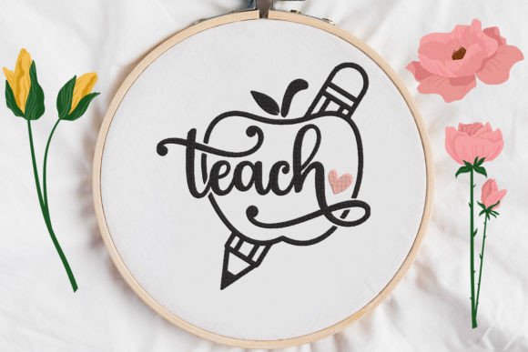 Teach, Apple and Pencil Embroidery Design